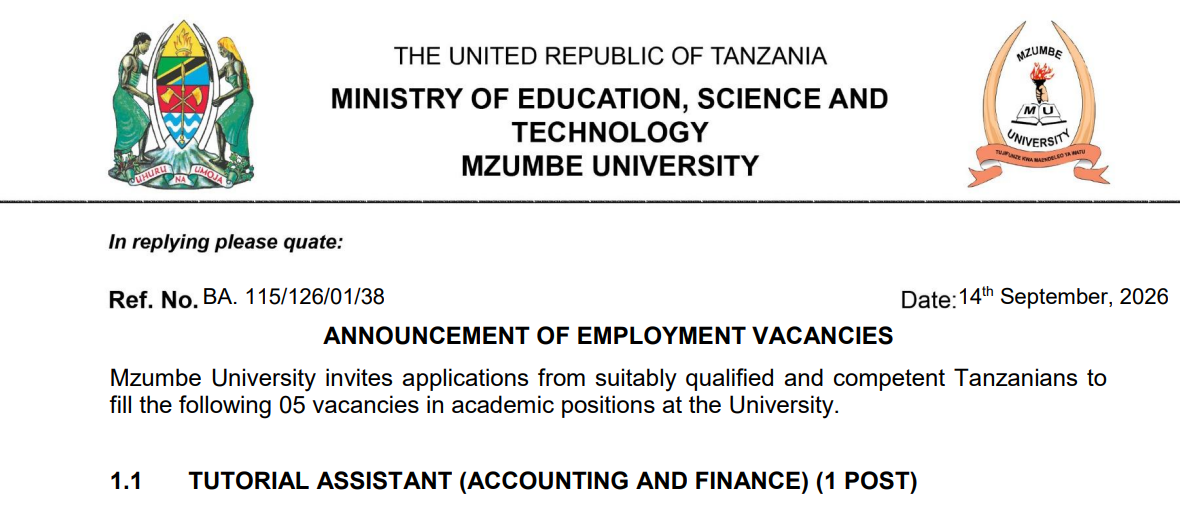 Mzumbe University job vacancies - September 2026