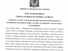 Call for Work TAMISEMI 400 Contract Teacher Positions